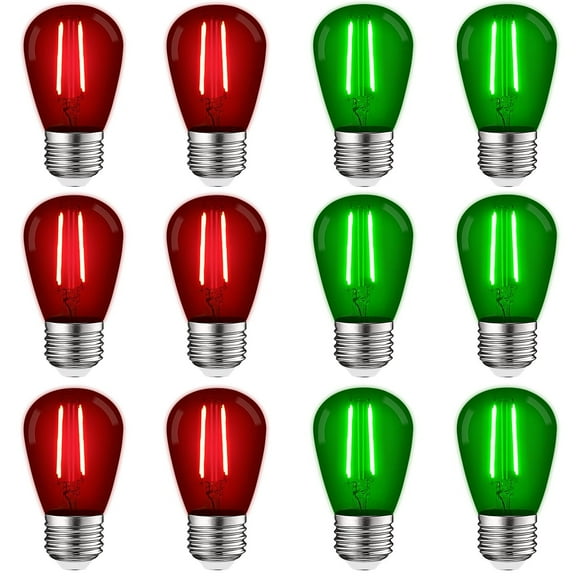 Luxrite 12-Pack S14 Christmas LED Red and Green Light Bulbs, 0.5W, Outdoor String Lights, UL, E26, Indoor Outdoor, Party, Holiday