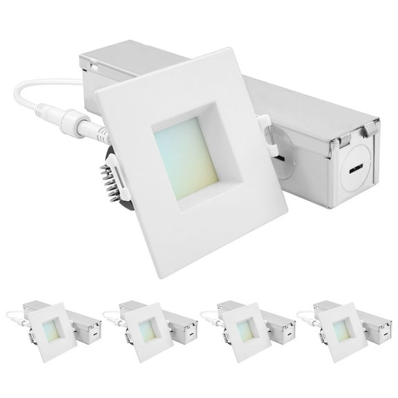 Luxrite 2 Inch Square LED Recessed Ceiling Light J-Box 8W 5CCT 660 Lumens Dimmable Canless Wet Rated IC Rated ETL 4-PK