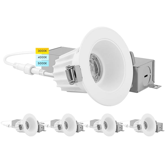 Luxrite 2" LED Recessed Light with J-Box, 3 Color Option 3000K/4000K/5000K, Dimmable 8W, 600 Lumens, Damp Rated 4 Pack