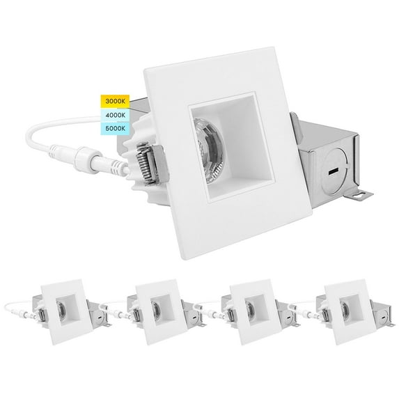Luxrite 2" Square LED Recessed Light with J-Box, 3 Color Option 3000K/4000K/5000K Dimmable 8W, 600LM Damp Rated 4 Pack