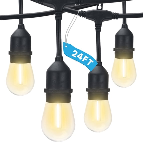 Luxrite 24FT LED Outdoor String Lights Commercial Grade Waterproof, 12 S14 Shatterproof Bulbs, IP65, Patio Garden Cafe