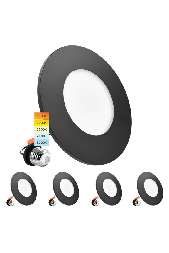 3-4 Inch LED Ceiling Light, 5CCT 2700K-5000K, 650LM, J-Box or 4 Inch Housing, Wet Rated, UL, Black 4 Pack