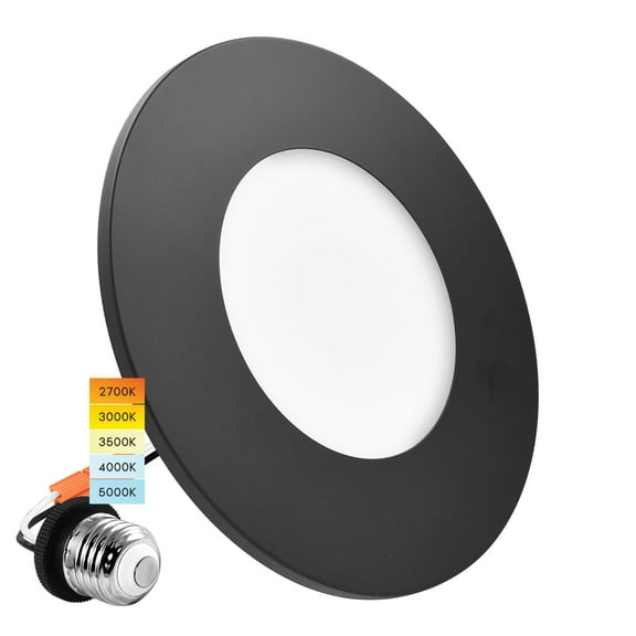 Luxrite 3-4 Inch LED Ceiling Light, 5CCT 2700K-5000K, 650LM, J-Box or 4 Inch Housing, Wet Rated, UL, Black