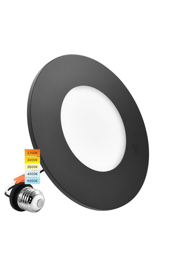 3-4 Inch LED Ceiling Light, 5CCT 2700K-5000K, 650LM, J-Box or 4 Inch Housing, Wet Rated, UL, Black