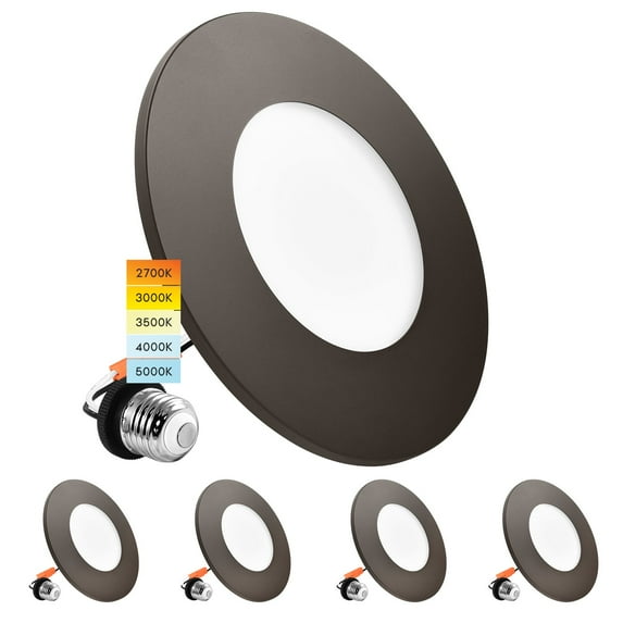 Luxrite 3-4 Inch LED Ceiling Light, 5CCT 2700K-5000K, 650LM, J-Box or 4 Inch Housing, Wet Rated, UL, Bronze 4 Pack