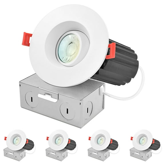 Luxrite 3 Inch Gimbal LED Recessed Light J-Box CRI90 12W 5CCT 2700K-5000K 900 Lumens Dimmable IC Rated Damp Rated ETL 4 Pack