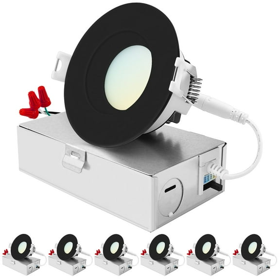 Luxrite 3 Inch LED Recessed Ceiling Light, 10W, 5CCT 2700K-5000K, 800LM, Dimmable - Black 6-Pack