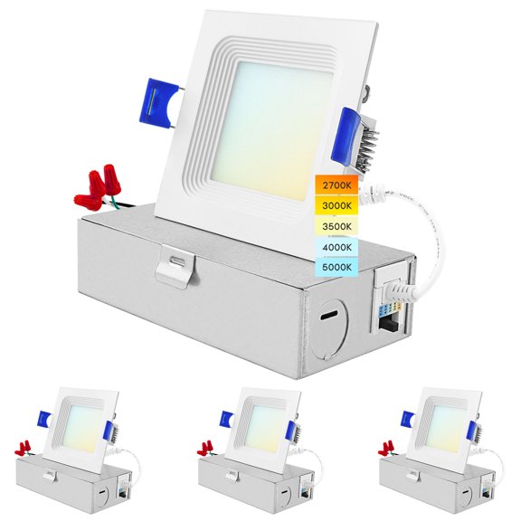 Luxrite 3 Inch Square LED Recessed Lighting, 8W, 5CCT Color Selectable 2700K-5000K, 540 Lumens, Wet Rated, ETL, Baffle Trim 4 Pack