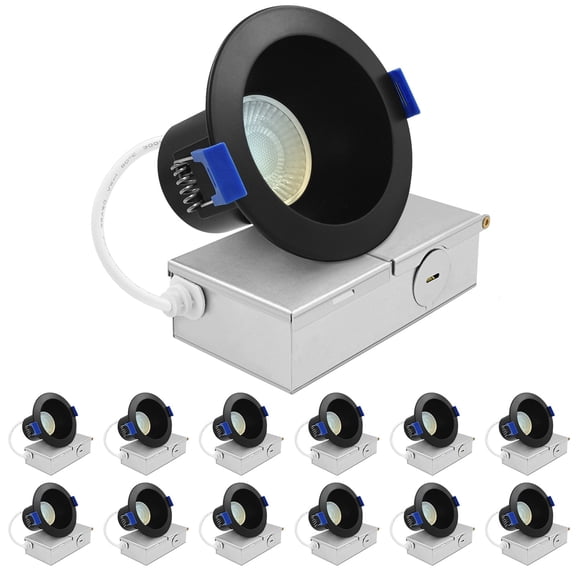Luxrite 3" LED Recessed Ceiling Light J-Box 8W 5CCT 640 Lumens Dimmable Wet Rated IC Rated ETL Listed Black Trim 12 Pack