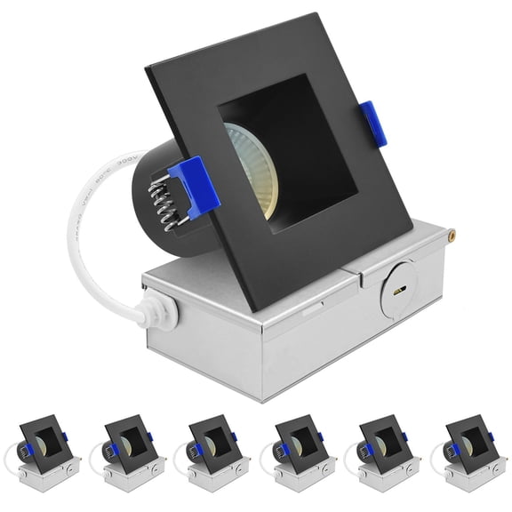 Luxrite 3" Square LED Recessed Ceiling Light J-Box 8W 5CCT 530 Lumens Dimmable Wet Rated IC Rated ETL Listed Black 6 Pack