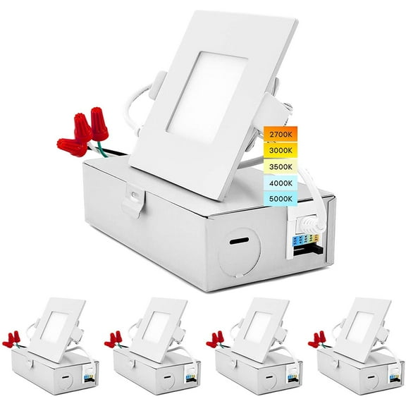 Luxrite 3 inch Square Ultra Thin LED Recessed Light with J-Box 8W 5 Color Selectable Dimmable 540 Lumens IC Rated 4-Pack