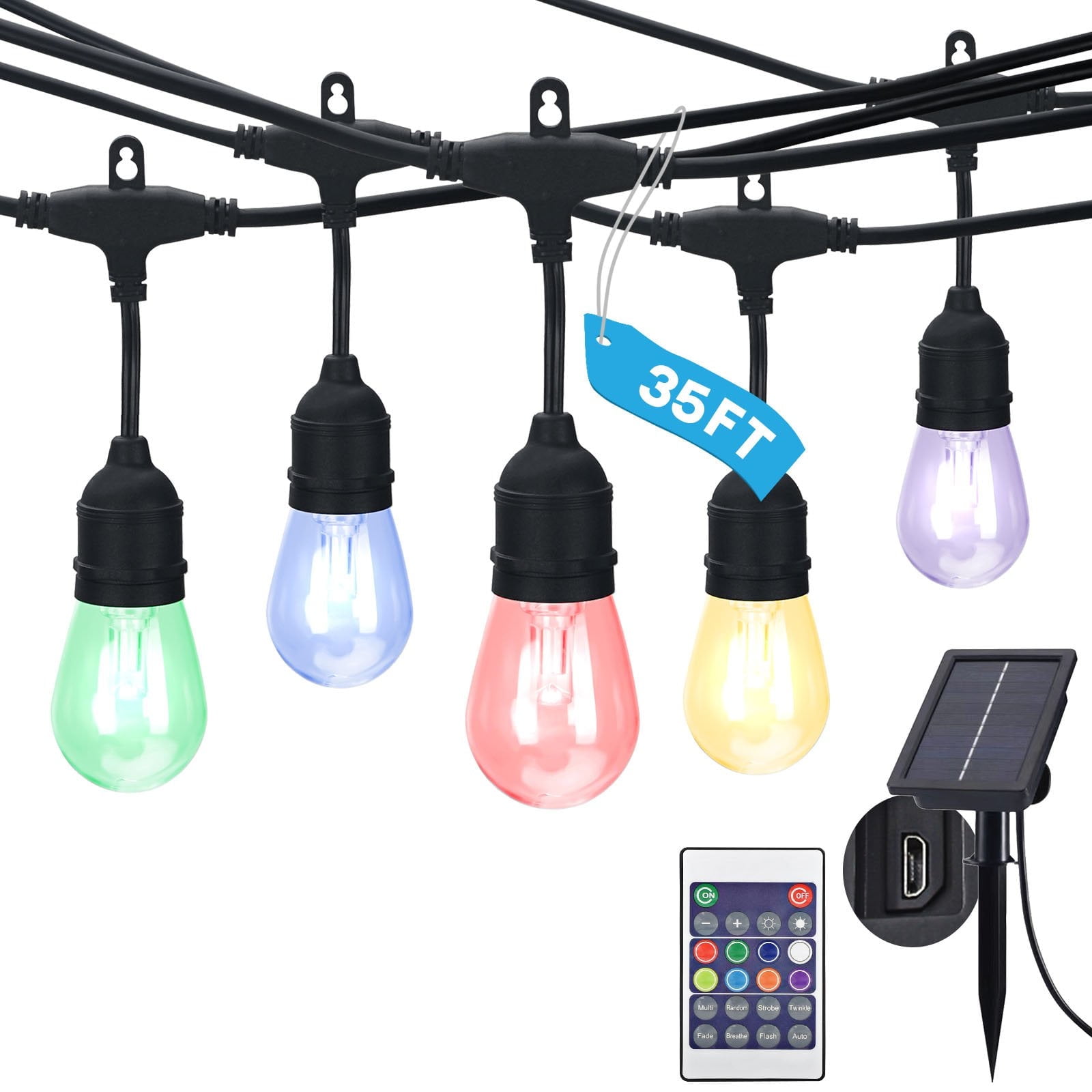 Luxrite 35FT RGBW LED Outdoor Solar String Lights, Remote Control Solar Powered Color Changing Patio Lights, Commercial Grade Waterproof, 15 Edison S14 Shatterproof Bulbs, IP65, Dimmable Cafe Lights