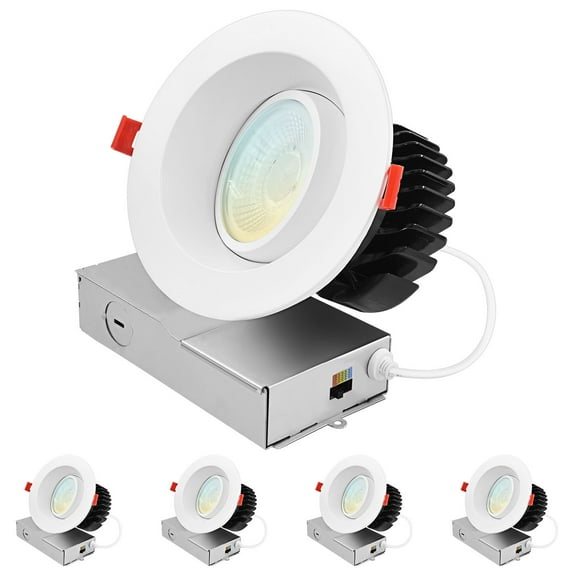 Luxrite 4 Inch Gimbal LED Recessed Light J-Box CRI90 18W 5CCT 2700K-5000K 1500 Lumens Dimmable IC Rated Damp Rated ETL 4 Pack
