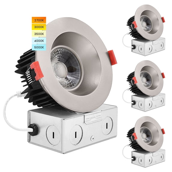 Luxrite 4 Inch LED Recessed Light, 15W, 5 Color Selectable, 1100 Lumens, Dimmable, Wet Rated, Brushed Nickel 4 Pack