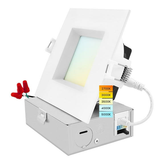 Luxrite 4 Inch Square LED Recessed Ceiling Light J-Box 15W 5 Color Selectable 1300LM Dimmable Wet Rated IC Rated ETL