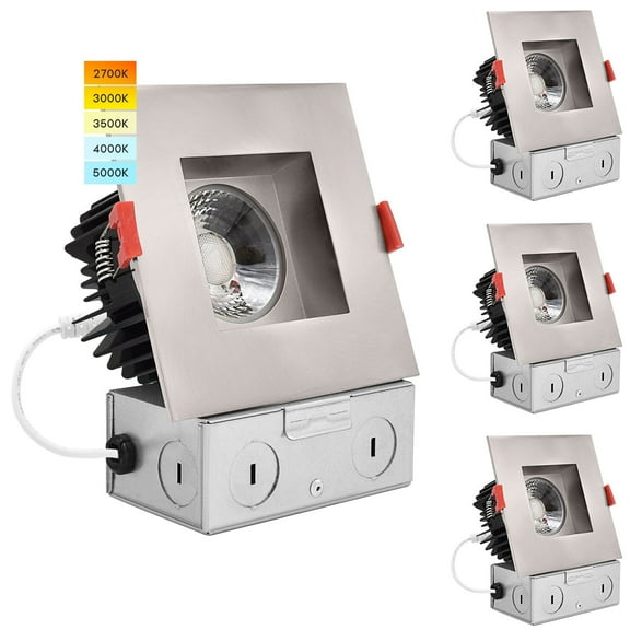 Luxrite 4 Inch Square LED Recessed Light, 15W, 5 Color Option, 1100 Lumens, Dimmable, Wet Rated, Brushed Nickel 4 Pack