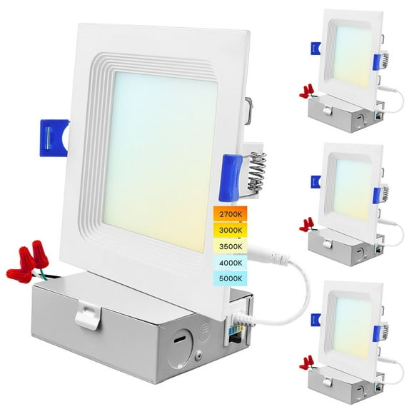 Luxrite 4 Inch Square LED Recessed Lighting, 12W, 5CCT Color Selectable 2700K-5000K, 950 Lumens, Baffle Trim 4 Pack