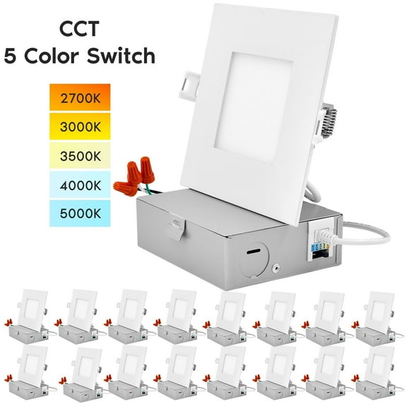 Luxrite 4" Square LED Recessed Lighting, Color Temperature Selectable 2700K - 5000K, Dimmable, ETL Listed, 16-Pack
