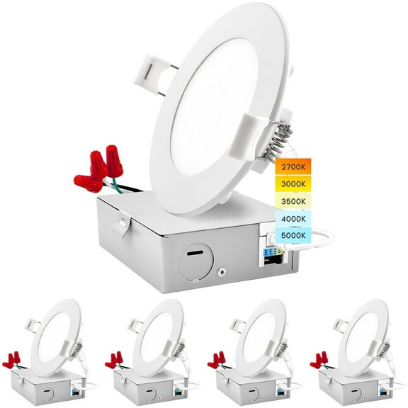 Luxrite 4" Ultra Thin LED Recessed Light with Junction Box 10W 5 Color Selectable Dimmable 750 Lumens ETL Rated 4 Pack