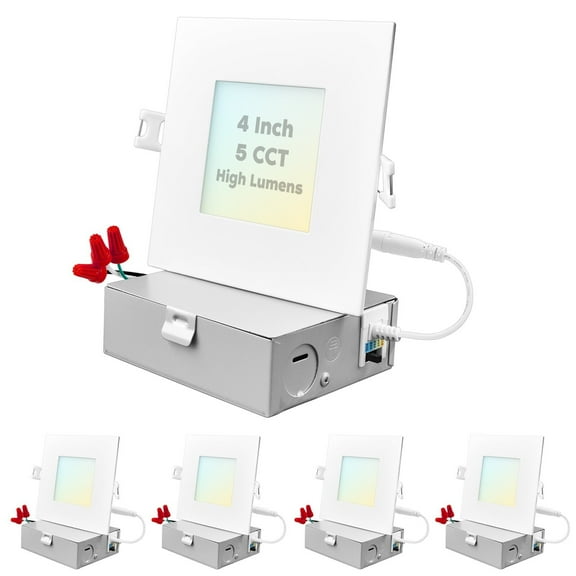 Luxrite 4" Ultra Thin LED Square Recessed Light J-Box, 12W, 5 Color Selectable, 950 Lumens, Dimmable, Wet Rated 4 Pack