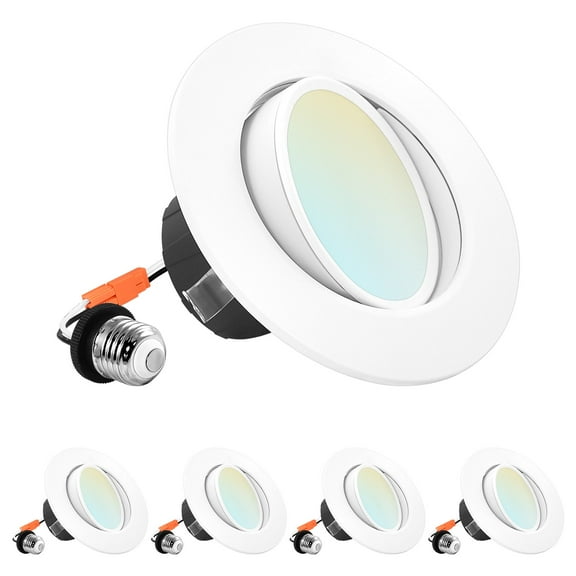 Luxrite 4 inch Gimbal LED Recessed Light, 8W=60W, 5 Color Selectable, Dimmable, 700 Lumens, Wet Rated, ETL Listed 4-Pack