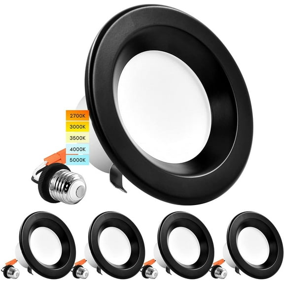 Luxrite 4 inch LED Recessed Can Lights 10W=60W 5 Color Selectable Dimmable Retrofit Downlights 750 Lumens Wet Rated Black Trim 4-Pack