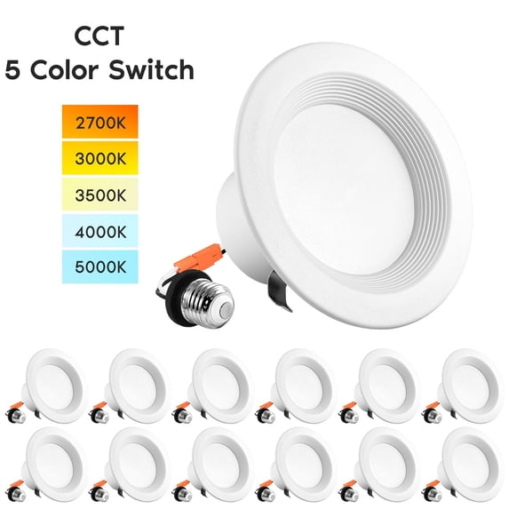 Luxrite 4 inch LED Recessed Can Lights, 5 Color Temperature, Dimmable, 750 Lumens, Wet Rated, Baffle Trim 12-Pack