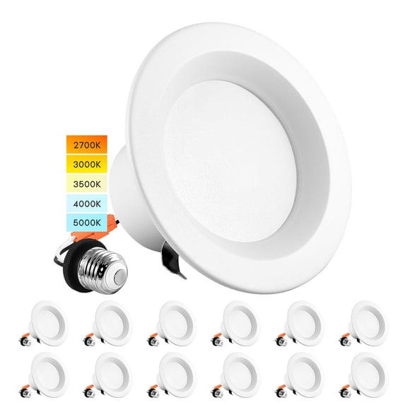 Luxrite 4 inch LED Recessed Can Lights, 5 Color Temperature Selectable, Dimmable, 750 Lumens, Wet Rated, ETL Listed 12-Pack
