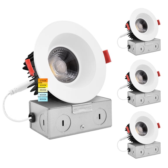 Luxrite 4 inch LED Recessed Light J-Box 15W 5 Color Selectable Dimmable Wet Rated IC Rated Smooth Trim 4-Pack