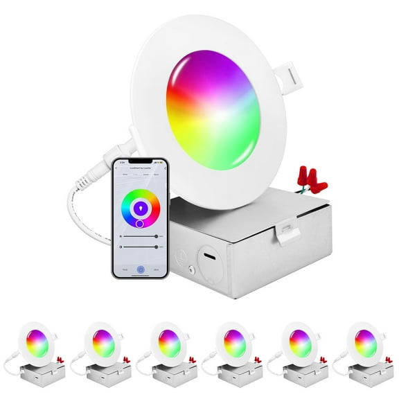 Luxrite 4 inch Smart LED Recessed Lighting, RGBW Color Changing, WiFi App and Voice Control, Alexa and Google Home 6-Pack
