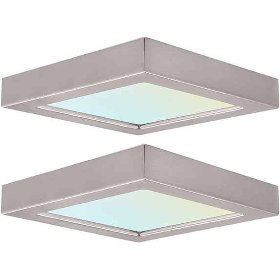 Luxrite 4 inch Square LED Flush Mount 10W 3 Color Selectable 600 Lumens Dimmable Damp Rated Brushed Nickel Trim 2-Pack