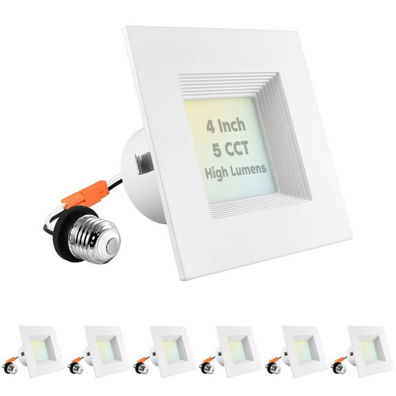 Luxrite 4 inch Square LED Recessed Can Lights, 14W=75W, 5 Color Options 2700K-5000K, 950 Lumens, Dimmable, Wet Rated, Baffle Trim 6-Pack