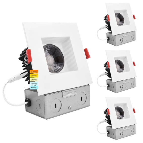 Luxrite 4 inch Square LED Recessed Light J-Box 15W 5 Color Selectable Dimmable Wet Rated IC Rated Baffle Trim 4-Pack