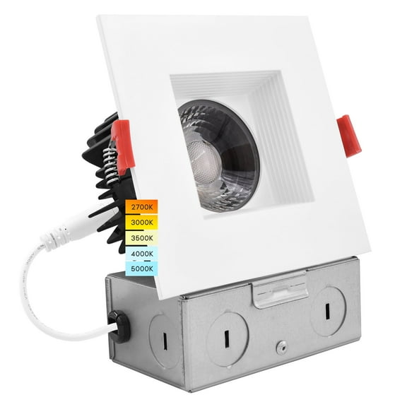 Luxrite 4 inch Square LED Recessed Light J-Box 15W 5 Color Selectable Dimmable Wet Rated IC Rated Baffle Trim
