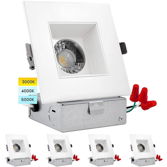 Luxrite 4 inch Square LED Recessed Lighting J-Box 15W 1200 Lumens 3 Color Options 3000K-5000K 36 Spotlight Dimmable Damp Rated 4-Pack