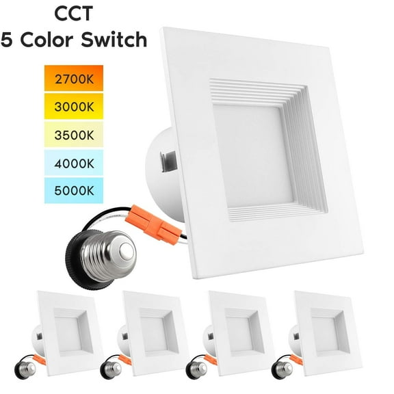 Luxrite 4 inch Square Recessed LED Can Lights, 5 Color Selectable, Dimmable, 750 Lumens, Wet Rated, Baffle Trim 4-Pack