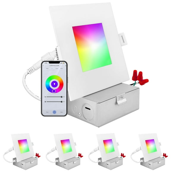 Luxrite 4 inch Square Smart LED Recessed Lighting, RGBW Color Changing, WiFi App and Voice Control, Alexa and Google Home 4-Pack