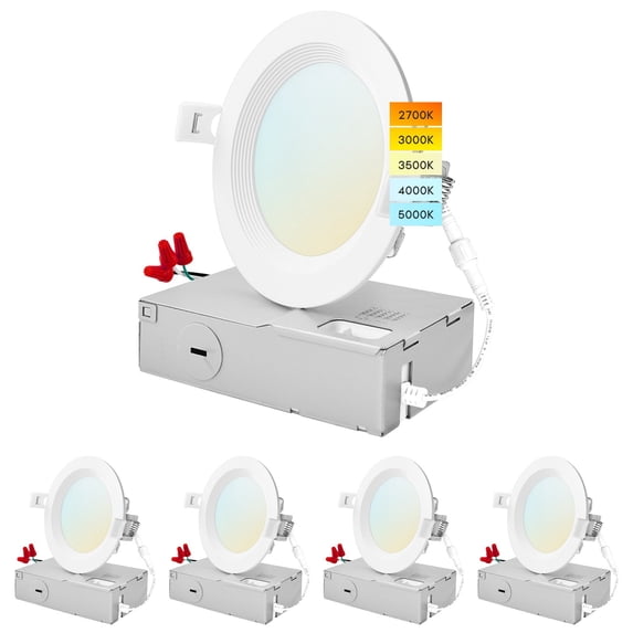 Luxrite 4 inch Ultra Thin LED Recessed Light J-Box 10.5W 5 Color Options Dimmable 750 Lumens IC Rated Baffle 4 Pack
