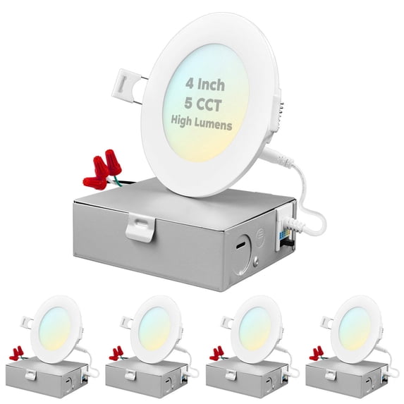 Luxrite 4 inch Ultra Thin LED Recessed Light with J-Box, 12W, 5 Color Selectable 2700K-5000K, 950 Lumens, Dimmable, IC Rated 4-Pack