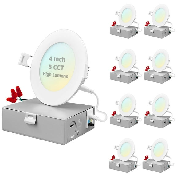 Luxrite 4 inch Ultra Thin LED Recessed Light with J-Box, 12W, 5 Color Selectable 2700K-5000K, 950 Lumens, Dimmable, IC Rated 8-Pack