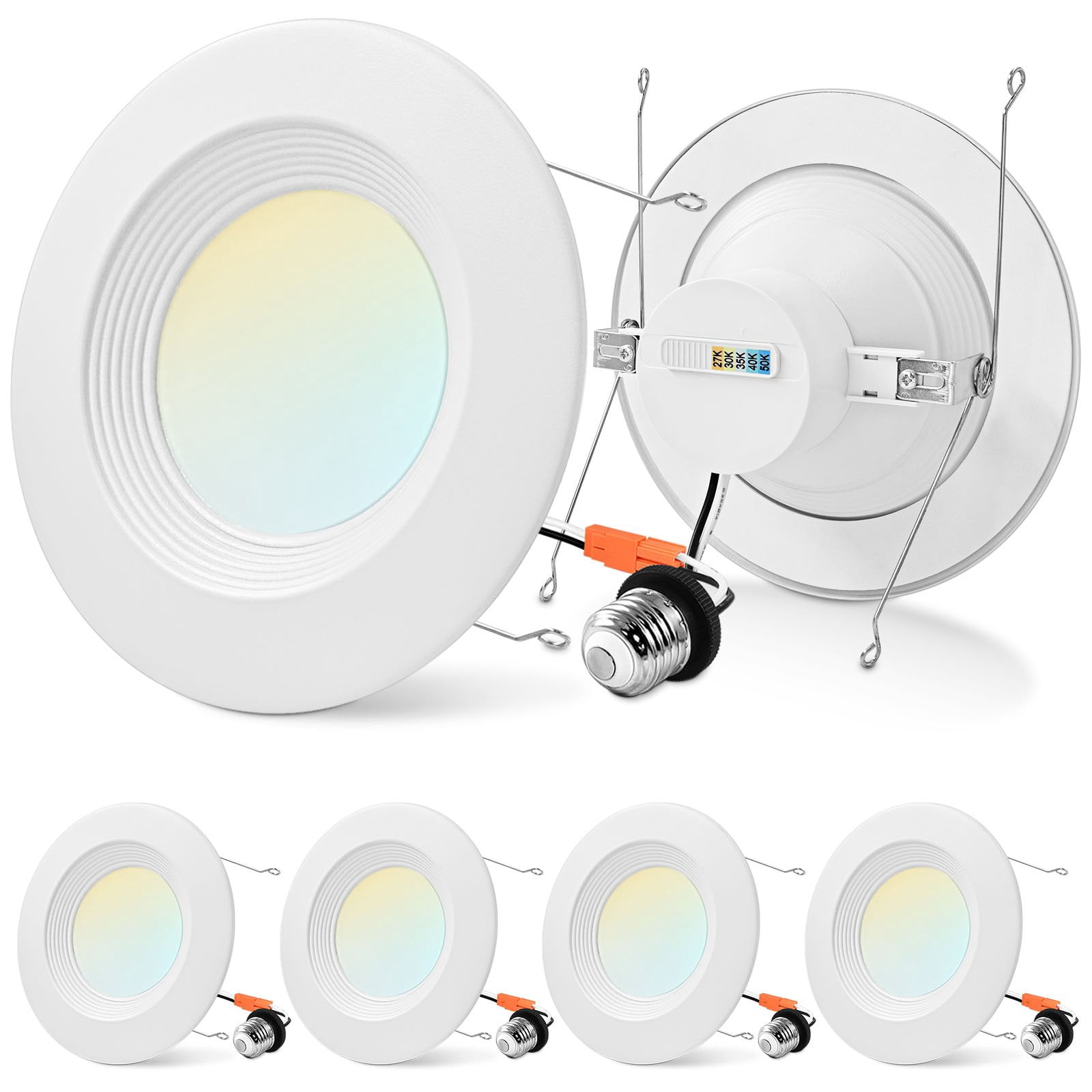 Luxrite 5/6" Retrofit LED Recessed Light, 17W=90W, 1500 Lumens, 5CCT, Dimmable, Wet Rated, Baffle Trim 4 Pack