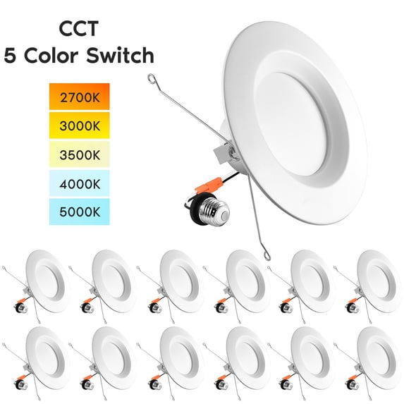 Luxrite 5/6 inch LED Recessed Retrofit Downlight, 14W=90W, 5 Color Selectable, Dimmable, 1100 Lumens, Wet Rated 12-Pack
