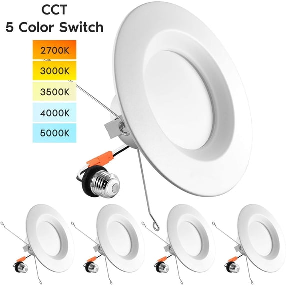 Luxrite 5/6 inch LED Recessed Retrofit Downlight, 14W=90W, 5 Color Selectable, Dimmable, 1100 Lumens, Wet Rated 4-Pack