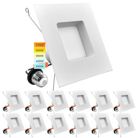 Luxrite 5/6 inch LED Square Recessed Lighting 14W=90W 5 Color Selectable Dimmable 1100 Lumens Wet Rated IC Rated 12-Pack