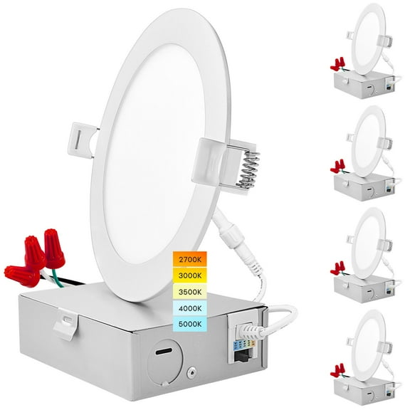 Luxrite 5 Inch Ultra Thin LED Recessed Light, 12W, 5CCT Color Selectable, Dimmable, 1000 Lumens, ETL, IC Rated 4-Pack