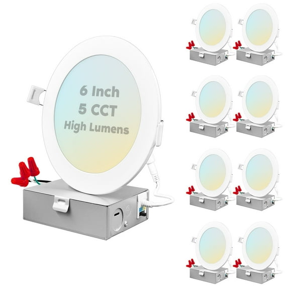 Luxrite 6 Inch Ultra Thin LED Recessed Light with J-Box, 15W, 5 Color Selectable, 1400 Lumens, Dimmable, Wet Rated 8-Pack
