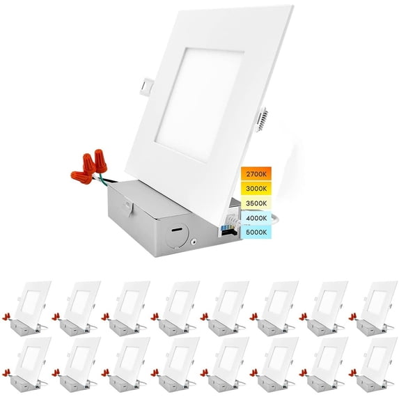 Luxrite 6" Square LED Recessed Lighting, Color Temperature Selectable 2700K / 3000K / 3500K / 4000K / 5000K, 16-Pack