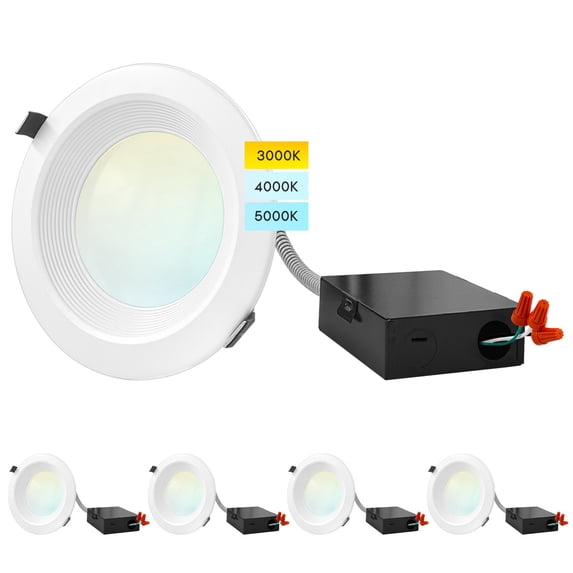 Luxrite 6 inch Commercial LED Recessed Light with J-Box, 12/16/20W, 3 Color Selectable, 1140/1520/1900 Lumens, Dimmable, Wet Rated 4-Pack