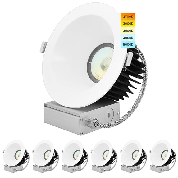 Luxrite 6 inch LED Recessed Lighting with J-Box, 24W, 1850 Lumens, 5 Color Selectable, Dimmable, Wet Rated, IC Rated 6 Pack
