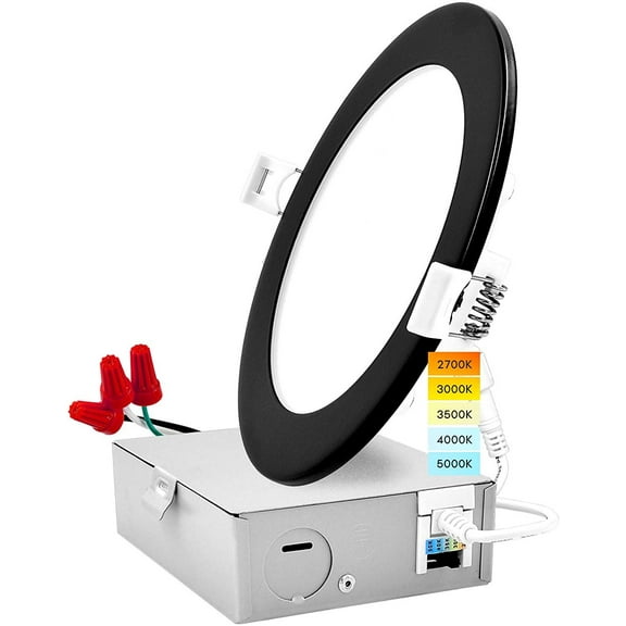 Luxrite 6 inch Ultra Thin LED Recessed Light with J-Box 12W 5 Color Options Dimmable 1000 Lumens Black Trim